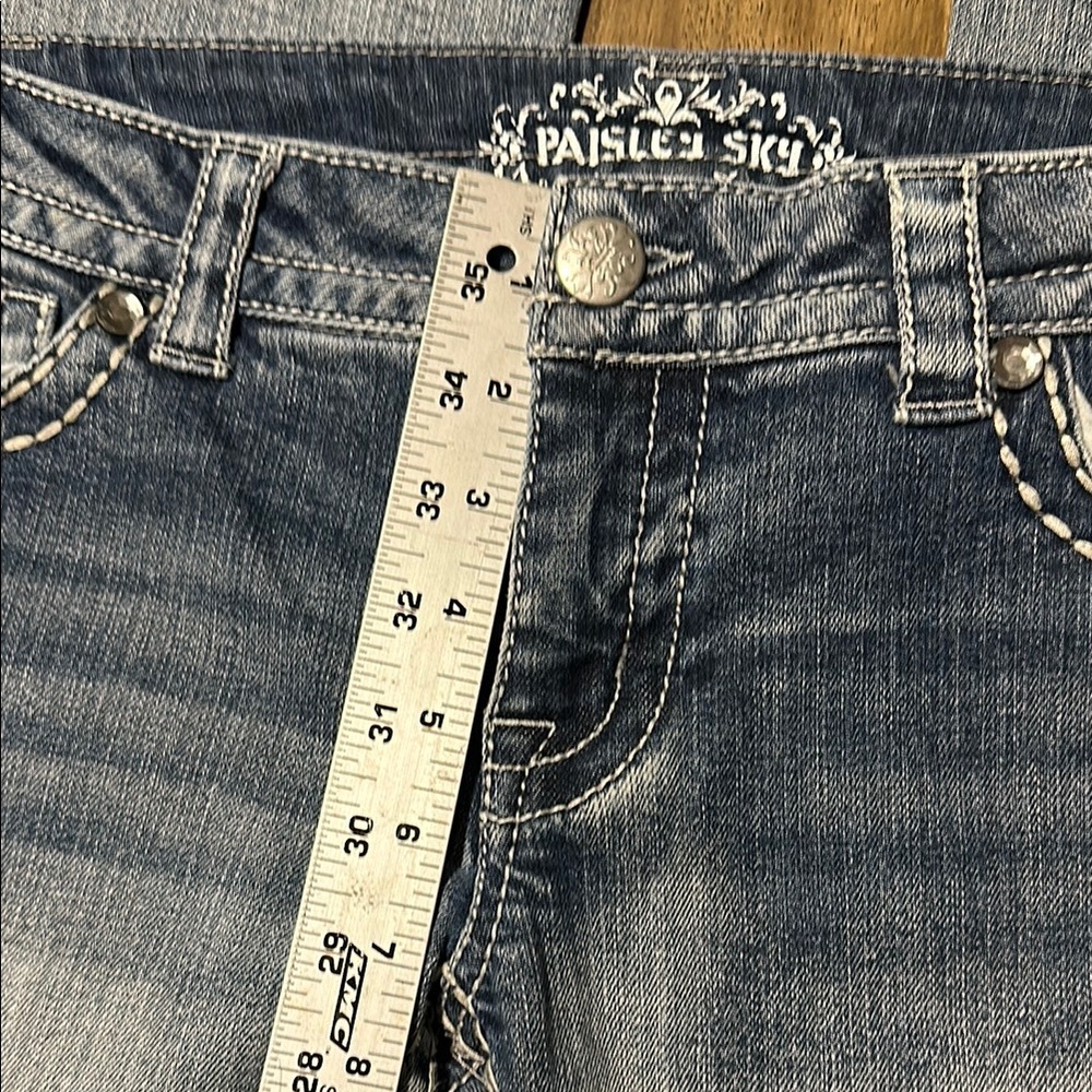 Paisley Sky Blue Boot Cut Jeans with Embroidery and Distressed Details. Size 6 - Picture 9 of 13